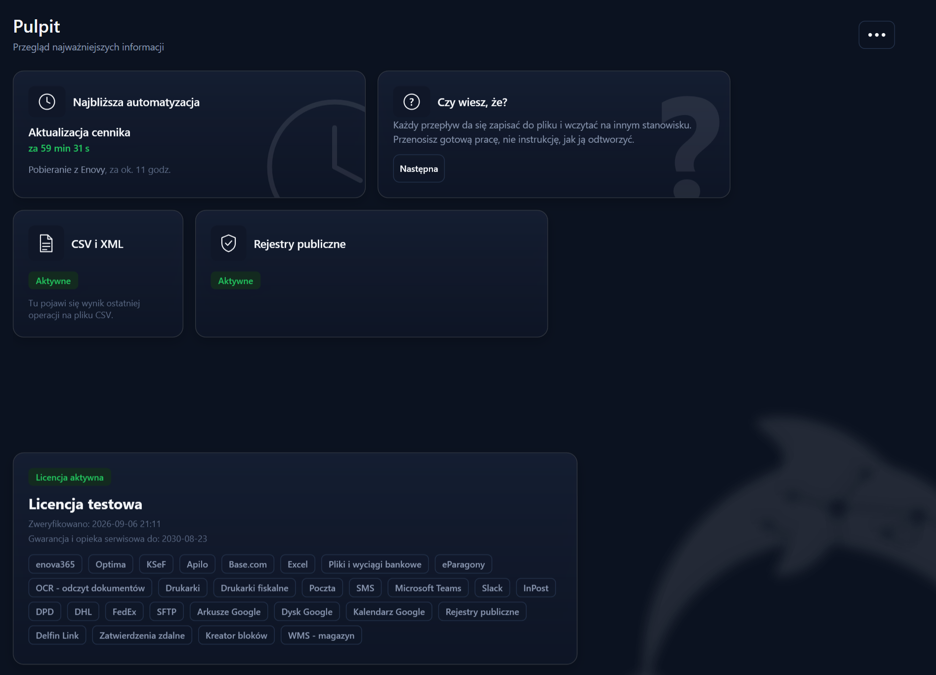 Pulpit programu Delfin - karty integracji ze stanem połączenia i informacja o licencji