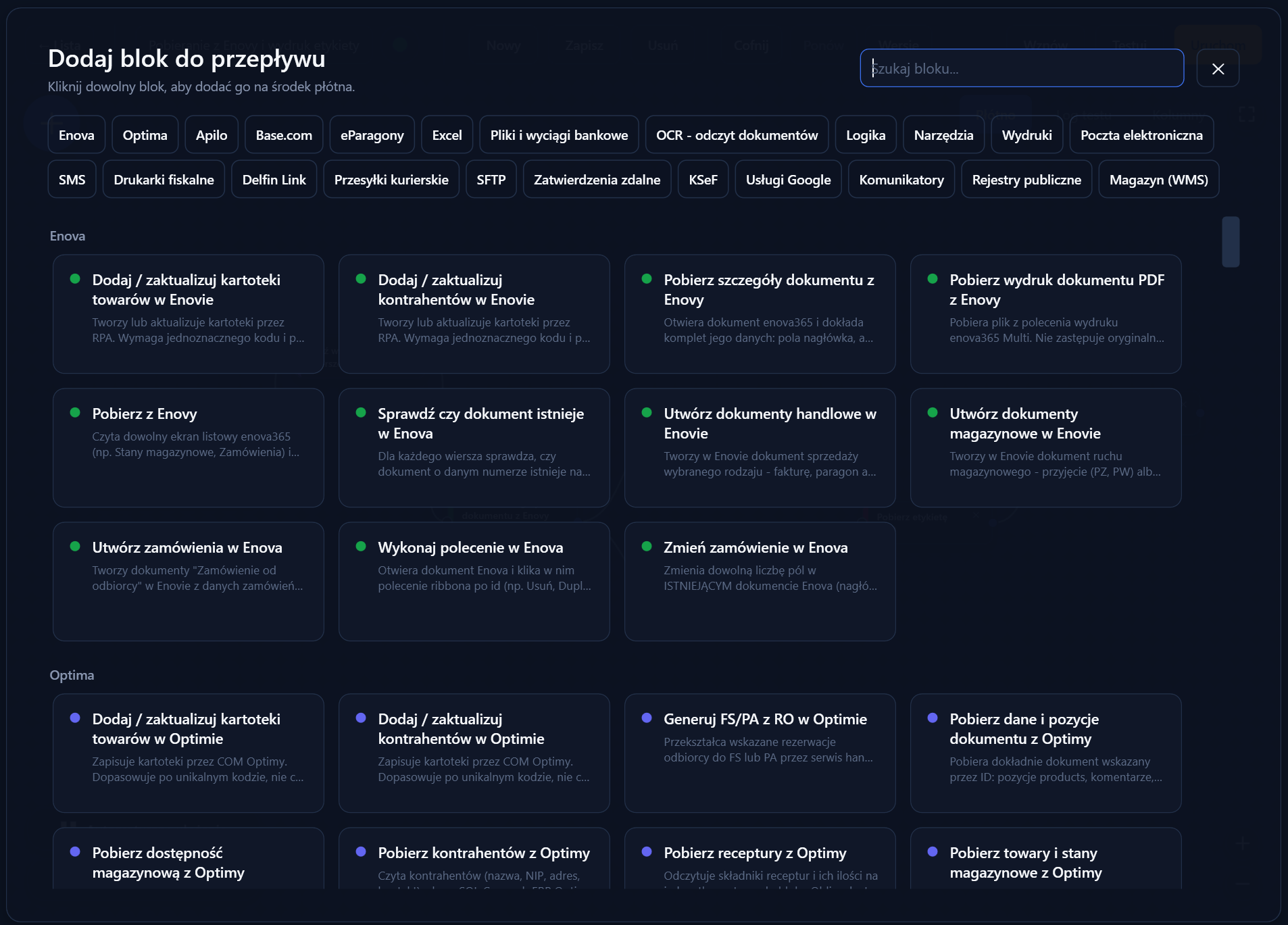 Pełnoekranowy wybór bloku przepływu w programie Delfin