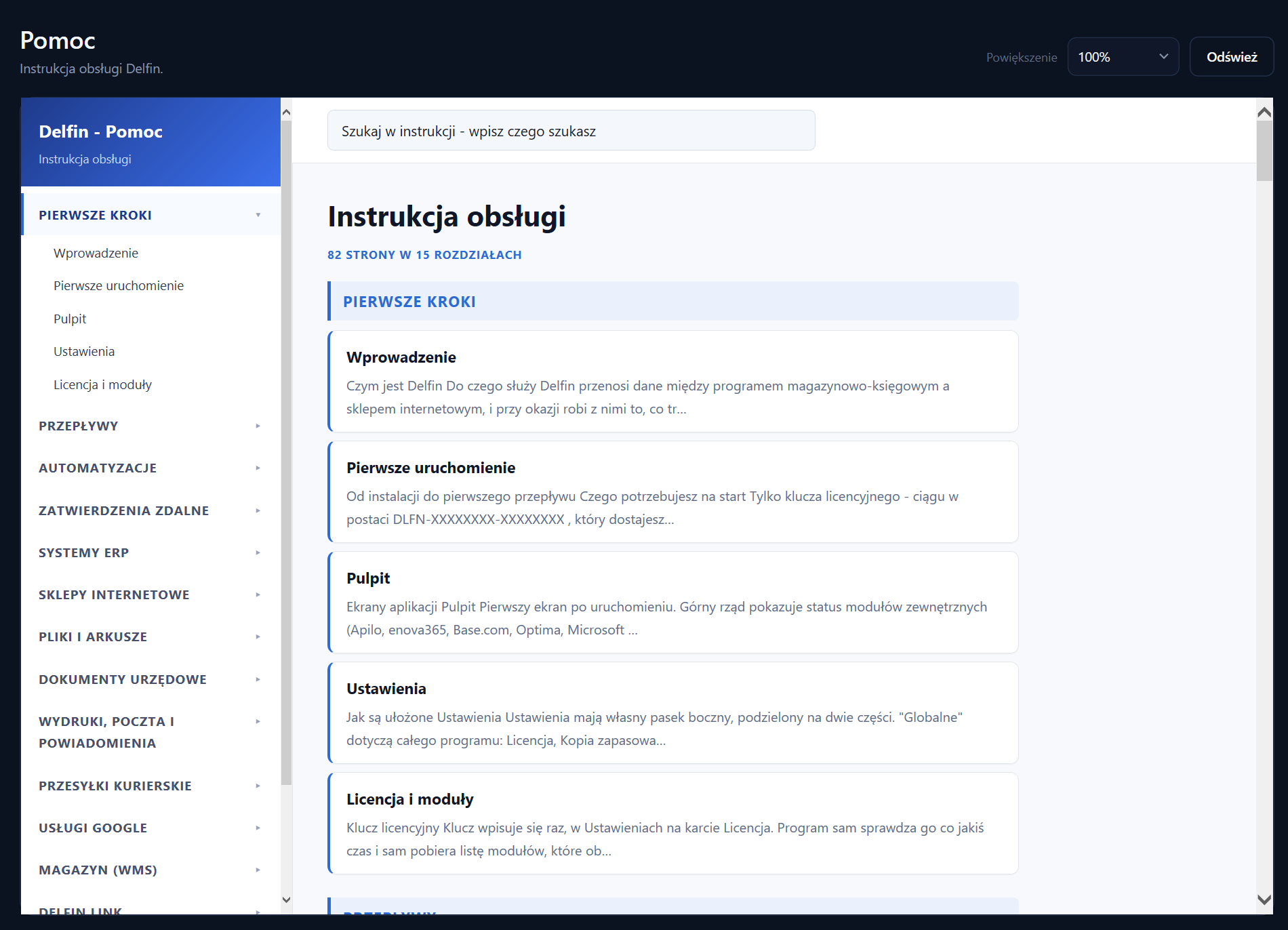 Instrukcja obsługi wbudowana w program Delfin